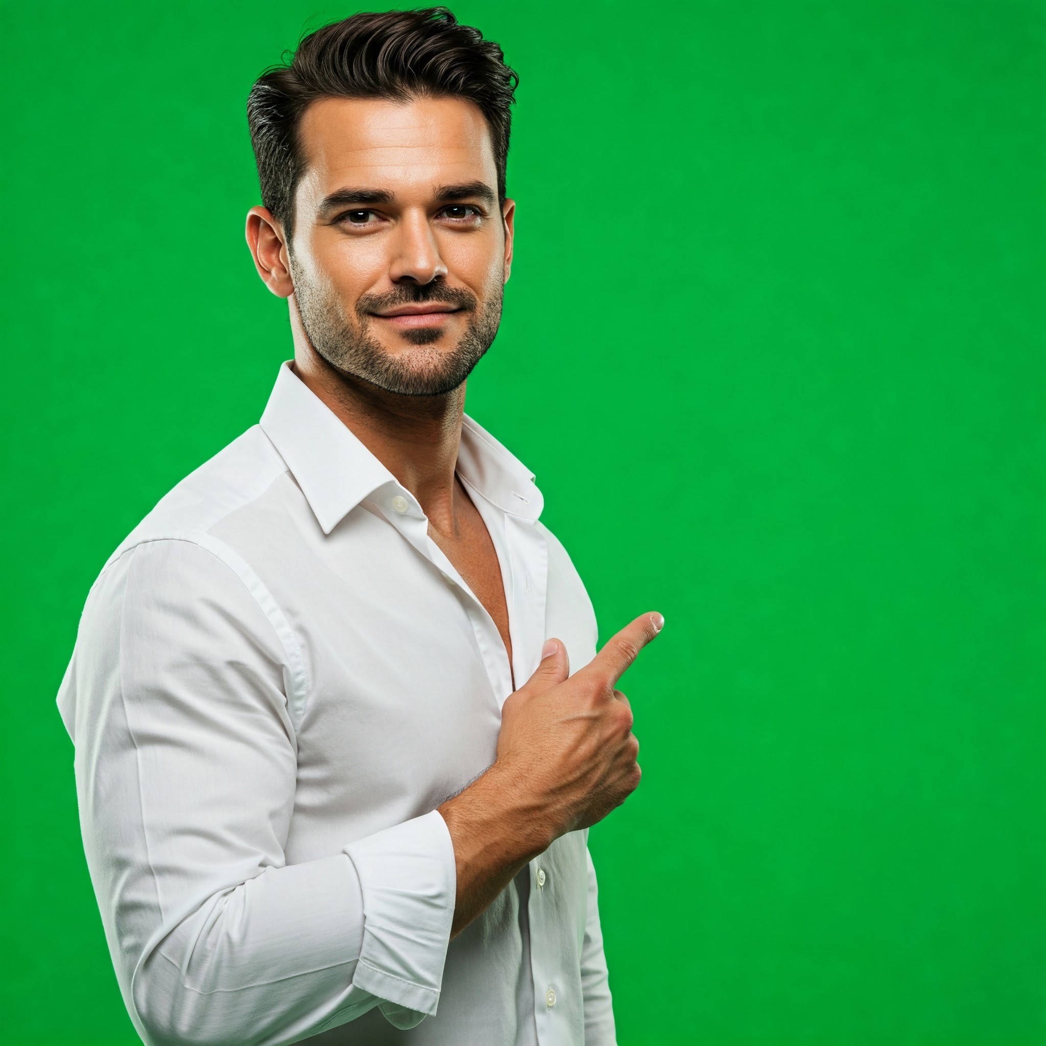photo of Young Man Directing Attention Right on Green Screen